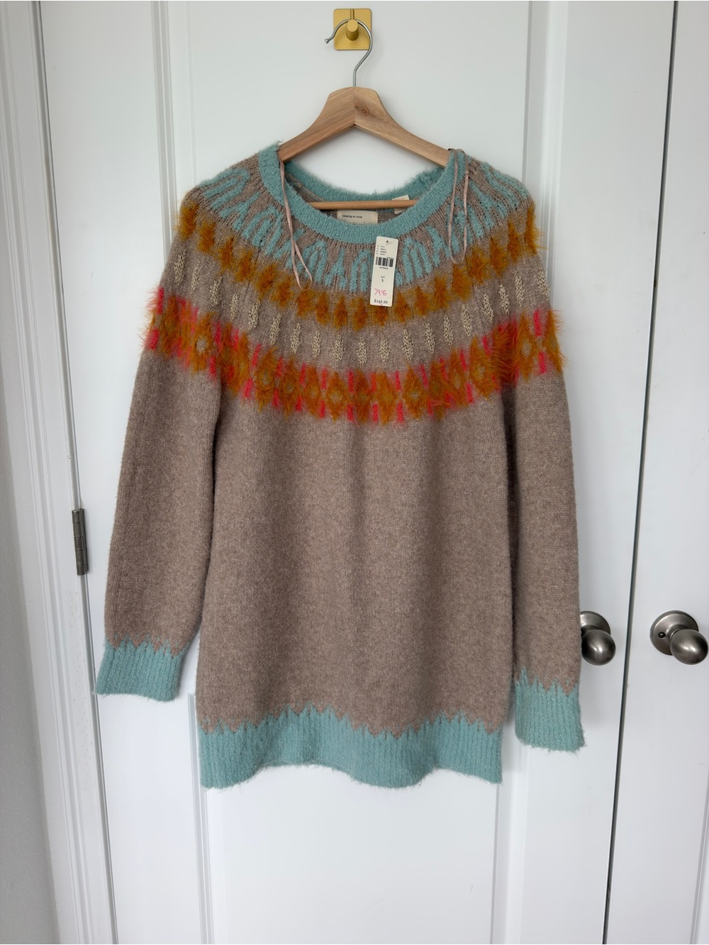 Anthropologie Fair Isle Crewneck Sweater - Taupe, Aqua & Orange